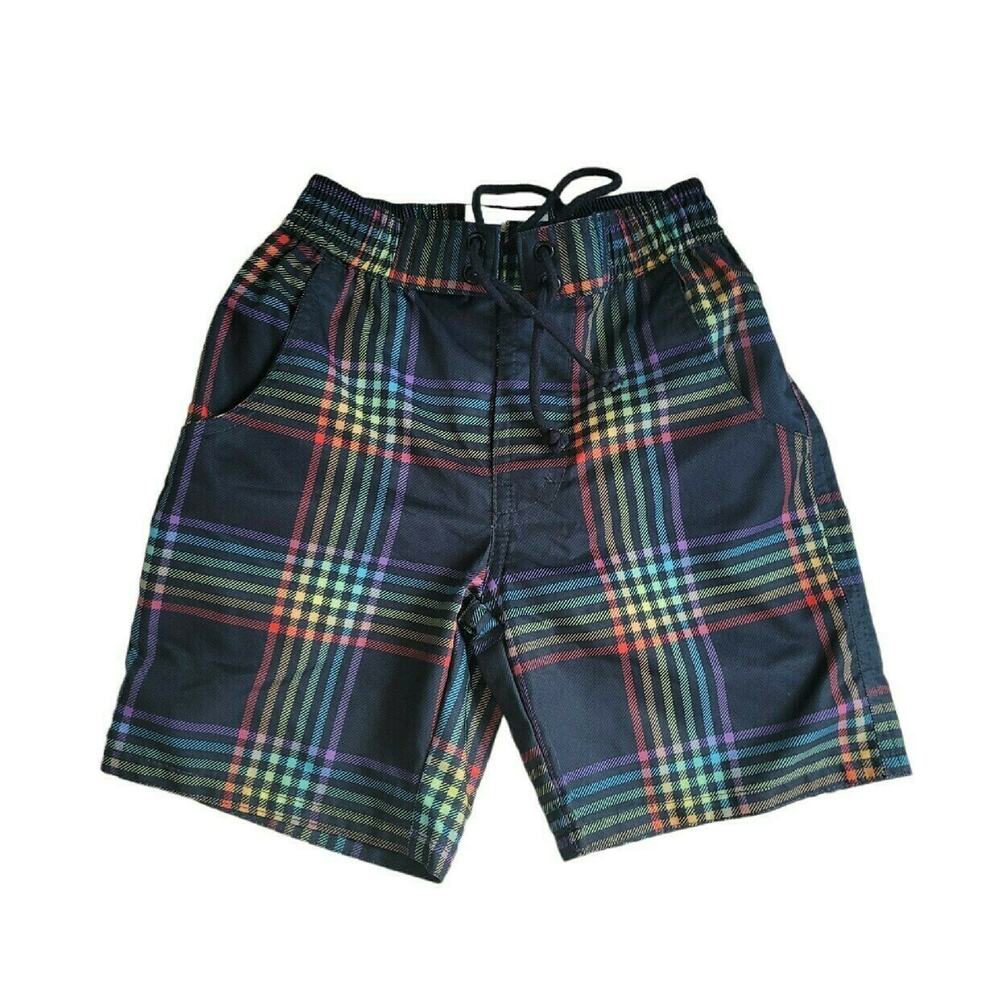 Wildling | Rainbow Plaid Swim Trunks | 3 years